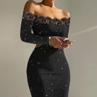 summer dresses woman 2022 sexy party glitter contrast lace elegant black wedding guest off shoulder cutout bodycon midi dress