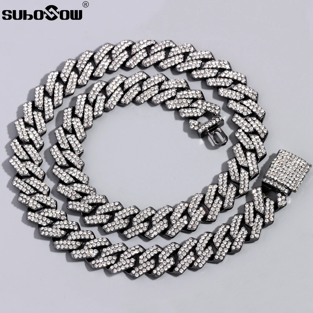 

14mm Gun Black Rhombus Prong Cuban Link Chain Necklace for Men Bling Rhinestones Paved Iced Out Chain Necklaces Hip Hop Jewelry