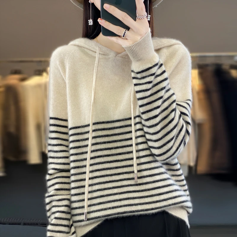 Новый женский свитер с капюшоном из 100% мериносовой шерсти вязаный свободный