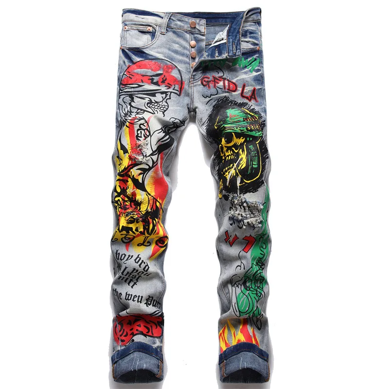 Men Printed Stretch Denim Jeans Streetwear Character Skull Flame Painted Pants Vintage Buttons Fly Slim Ripped Trousers