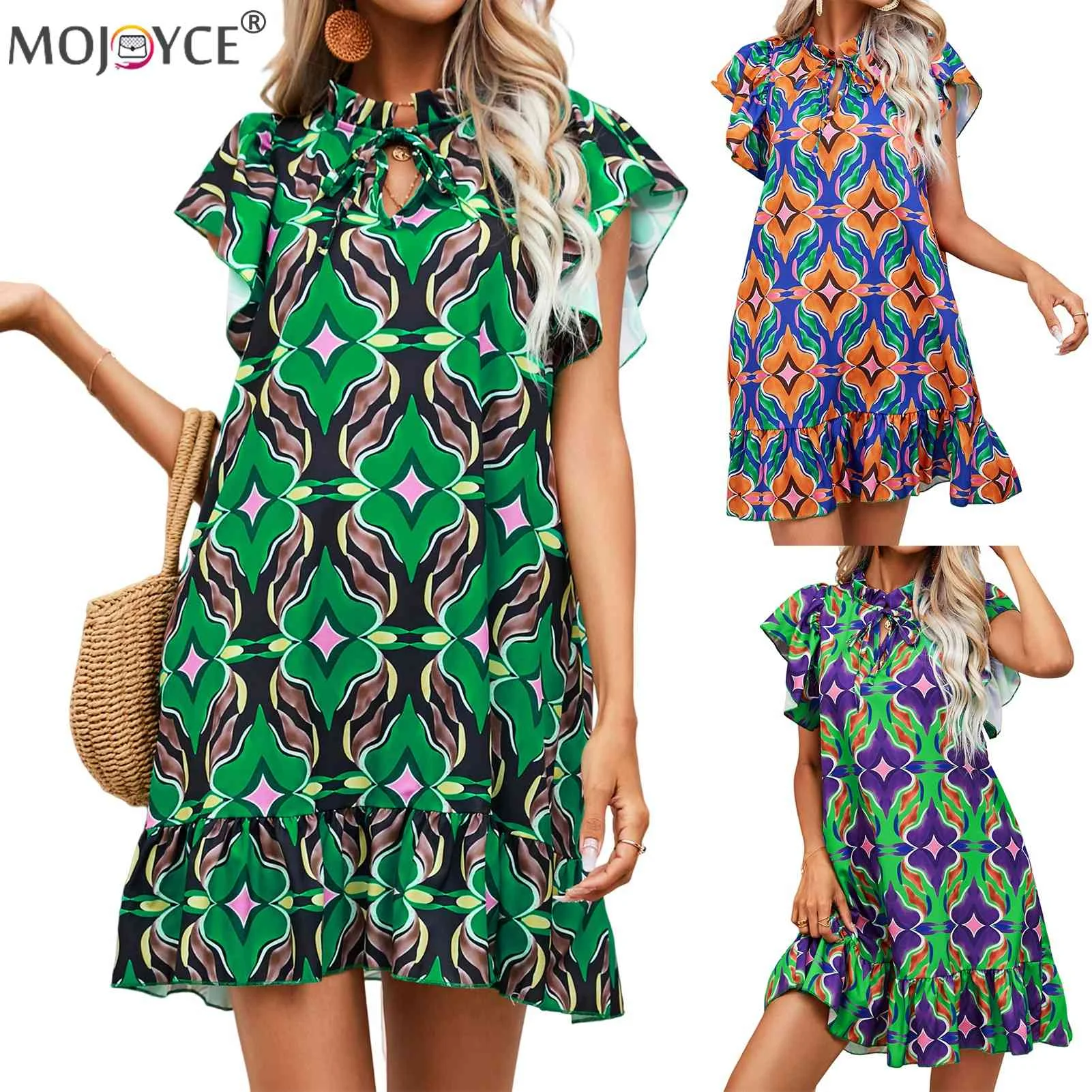

Short Party Dress Loose Printed Party Dress Ruffle Pullover Polyester Short Sleeves Fashion Soft Breathable Streetwear Homewear