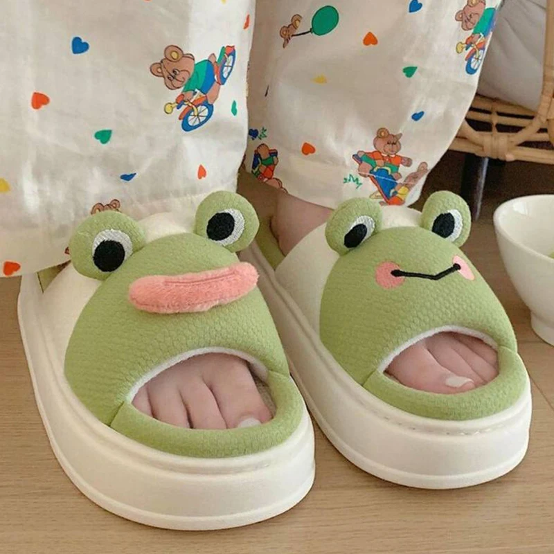 Women Slippers Fun Frog Shape Design Hemp Platform  Home Cotton Flax Ladies Casual Shoes Non-slip Bedroom Woman Slides Shoes