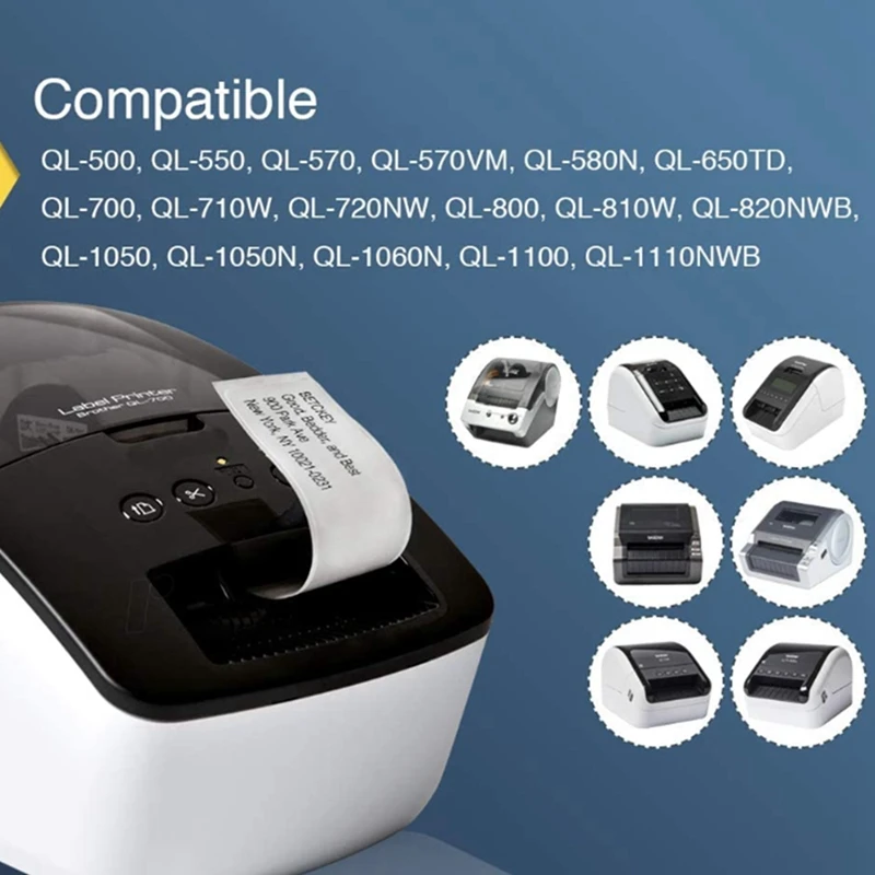

5 рулонов, совместимых с Brother DK22205 62 мм X 30,48 м, непрерывная белая длина, бумажная лента, этикетки с многоразовым картриджем