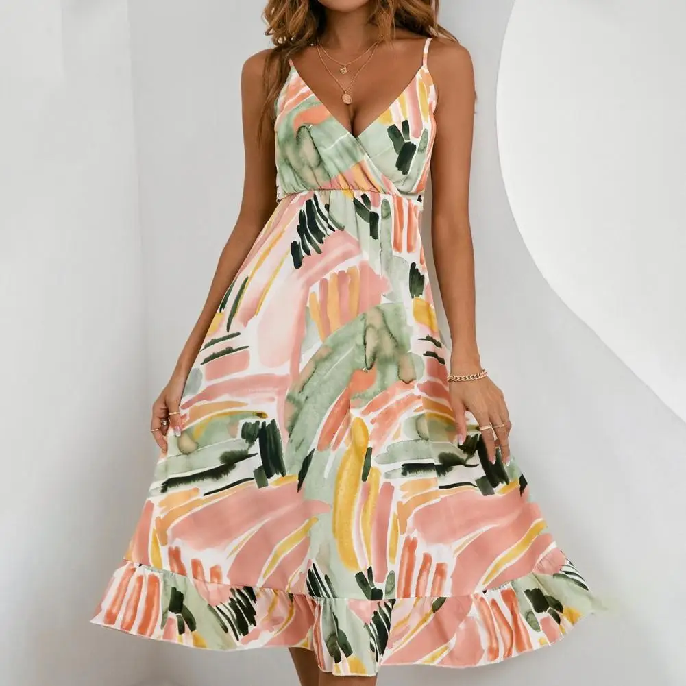 

V-Neck Elastic Waist Ruffle Large Hem Suspender Dress Funny Graffiti Print Sling Women Midi Dress Sundress