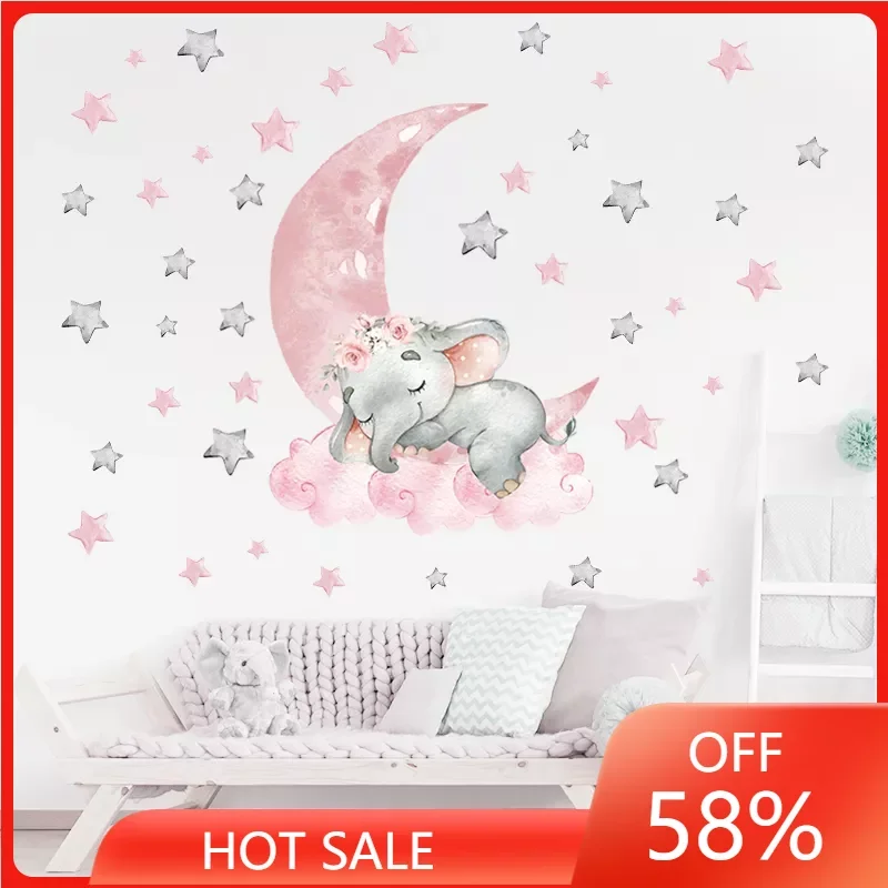 

Cartoon Pink Baby Elephant Wall Stickers Hot Air Balloon Wall Decals Baby Nursery Decorative Stickers Moon and Stars for Girl