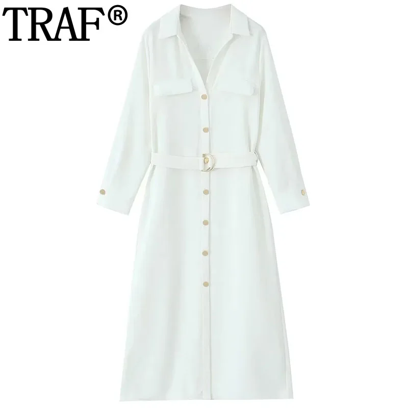 

TRAF Off White Midi Dress Woman Long Sleeve Shirt Dress Summer Belt Long Dresses For Women 2023 Office Casual Formal Dresses