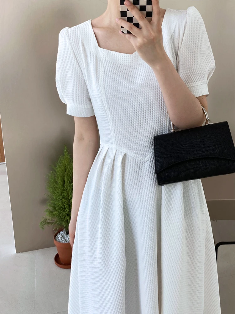 

Holiday South France Waffle Square Neck Dress Women's Summer New Temperament Waist Long Skirt Simple