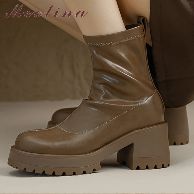 

Meotina Women Ankle Boots Round Toe Platform Chunky High Heels Zipper Short Boots Ladies Fashion Shoes Autumn Winter Black Khaki