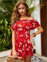 floral short jumpsuits women summer sexy red backless holiday beach outfits casual ruffle off shoulder rompers womens jumpsuit