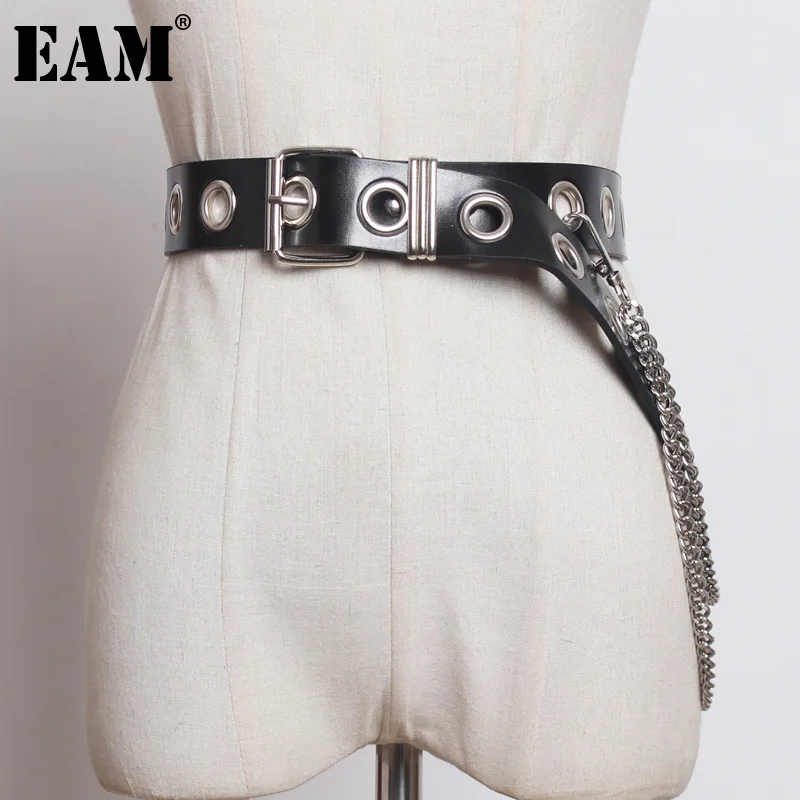 [EAM] Pu Leather Black Metal Buckle Chain Wide Belt Personality Women New Fashion Tide All-match Spring Autumn 2023 1DF4088