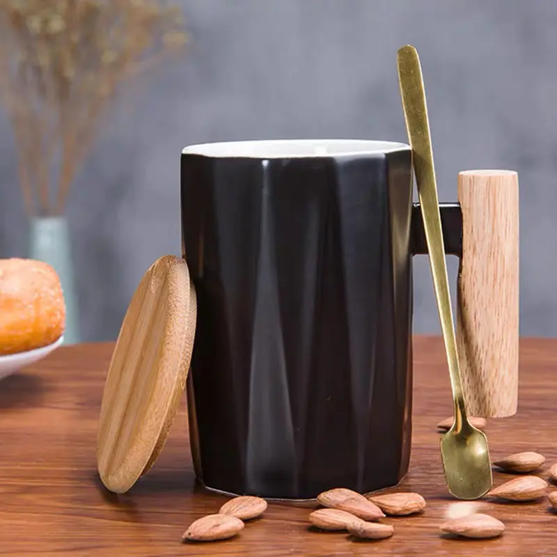 

Кружка с деревянной ручкой, чашка для кофе в простом скандинавском стиле, с крышкой и ложкой, для офиса, с ложкой