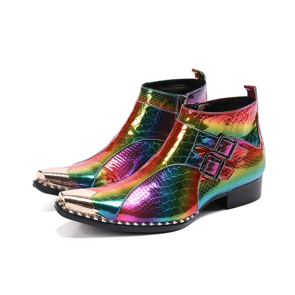 

Rainbow Colorful Men Genuine Leather High Heels Pointed Toe Boots Male Plus Size Double Buckle Strap With Metal Wedding Shoes