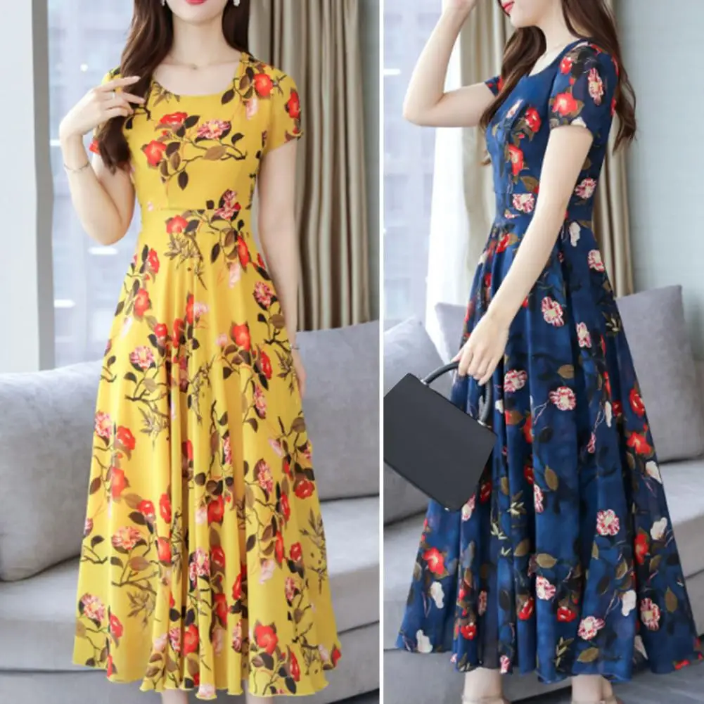 

Casual Dress Skin-touching Sweet Floral Print Elegant Beach Long Dress Short Sleeve Stretchy Holiday Dress Streetwear