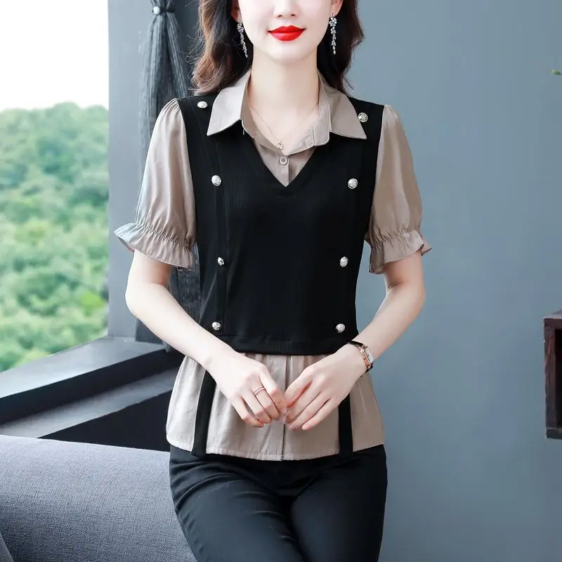 

Women's Clothing Korean Fake Two Pieces Spliced Casual Shirt Summer New Fashion All-match Female Short Sleeve Polo-Neck Blouse