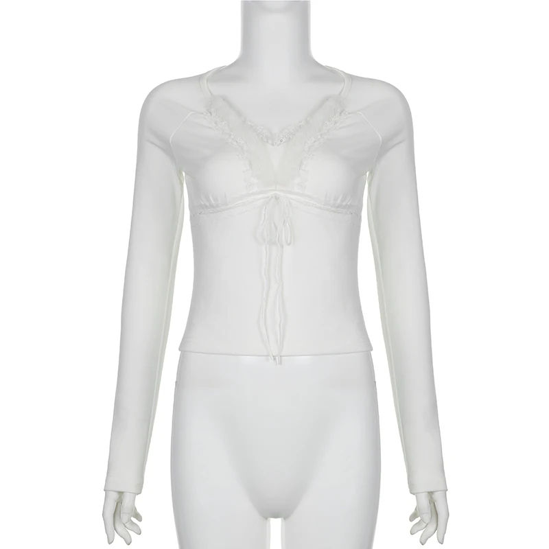 Женская футболка с длинным рукавом кружевной отделкой