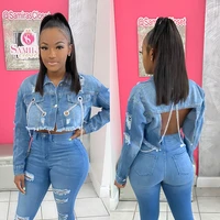 women fall sexy backless chains cropped blue denim jacket sexy ripped holes tassel soild plus size short jeans jacket chaqueta