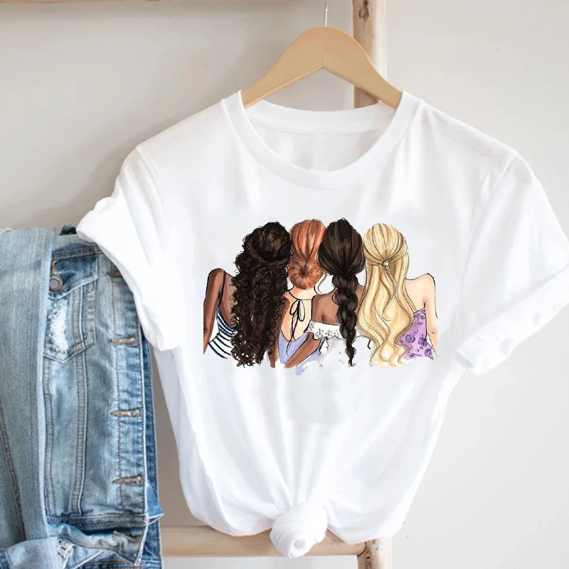

Women Clothing Short Sleeve Sweet Love Sister Friends Cartoon Ladies Summer Clothes Print Tshirt Female Tee Top Graphic T-shirt