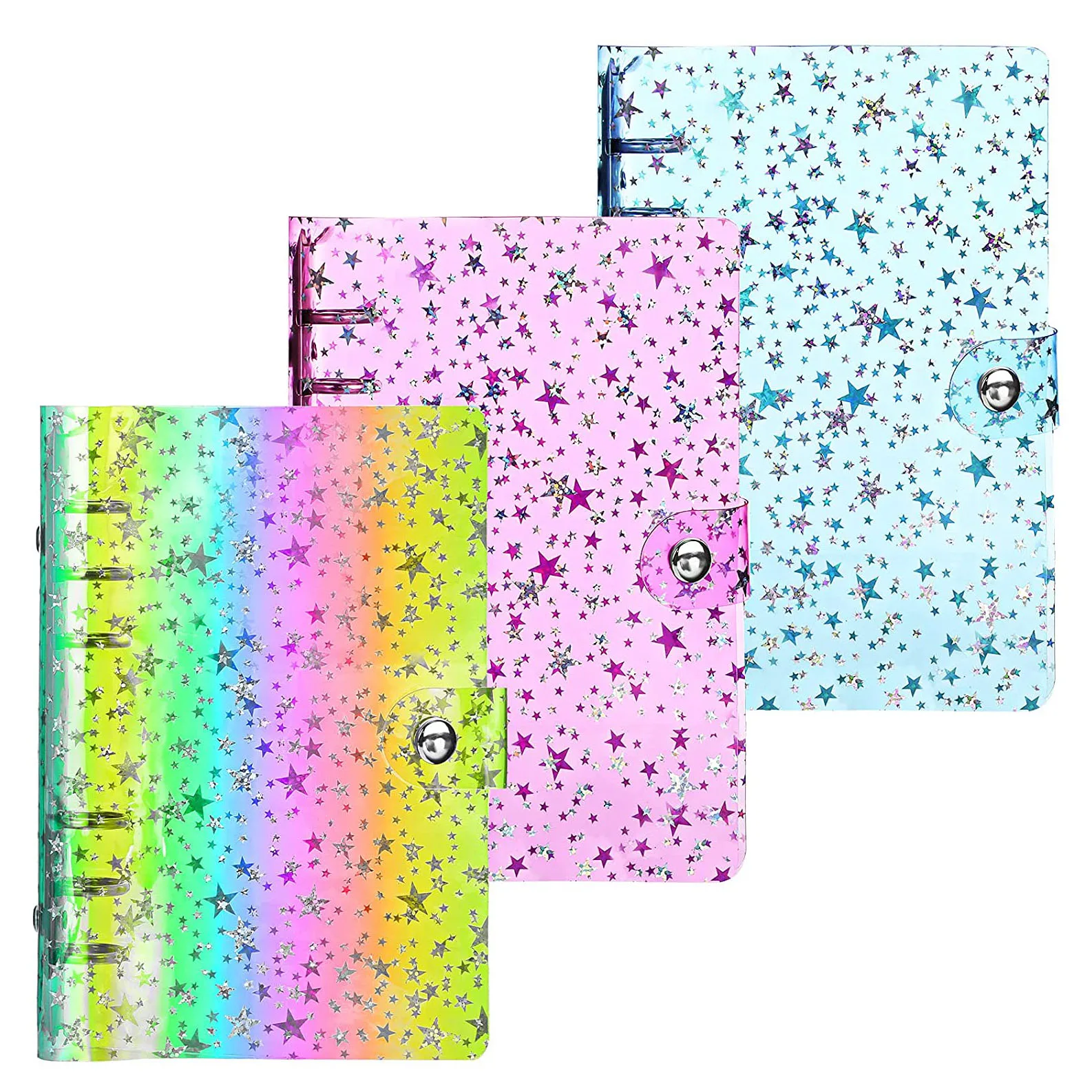 

3 Pieces A6 PVC 6-Ring Binder Planner Notebook Cover with Snap Button Closure Loose Leaf Folder for Journal Office Stationery