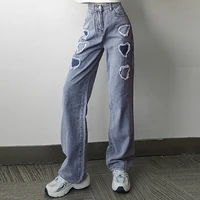 fashion y2k heart shaped patch women jeans wide leg pants high waist casual streetwear korean loose trend straight leg pants