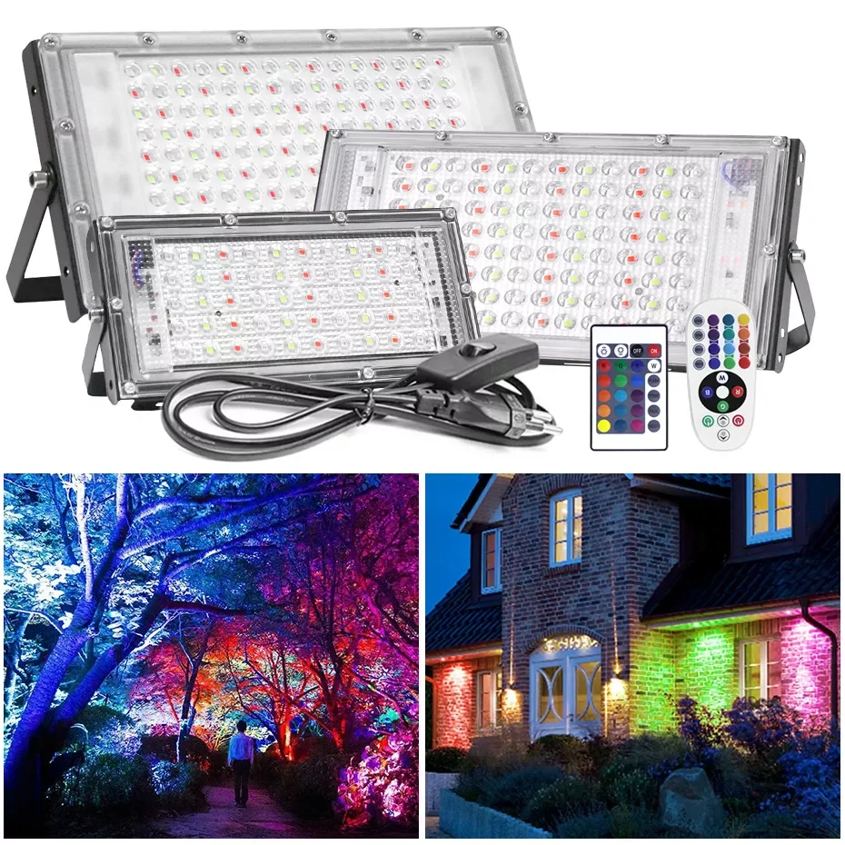 

IP65 Waterproof RGB Led Spotlight 50W 100W 300W 220V EU Plug Power Supply Remote Control Outdoor Flood Light Garden Street Lamp