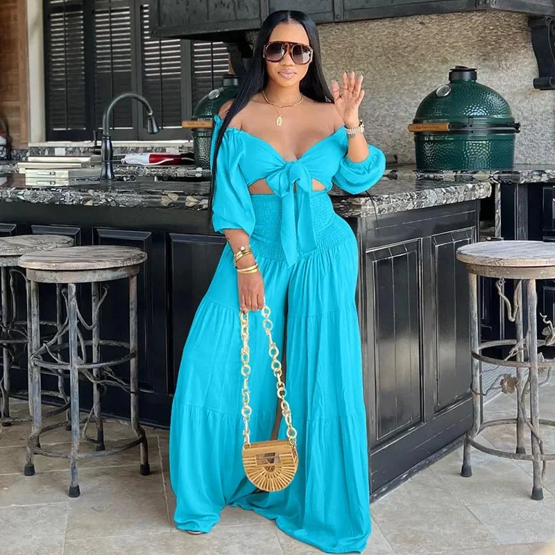 

KEXU Casual Loose Summer Women 2 Piece Set Slash Neck Bow Tie Crop Top and Wide Leg Pants Suit Vacation Matching Sets