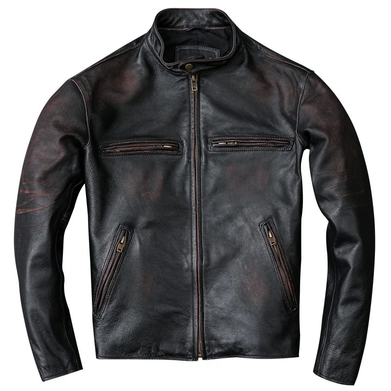 

Мужская винтажная куртка из потертой кожи, Черный жакет из 100% натуральной телячьей шкуры с промытым камнем и окантовкой