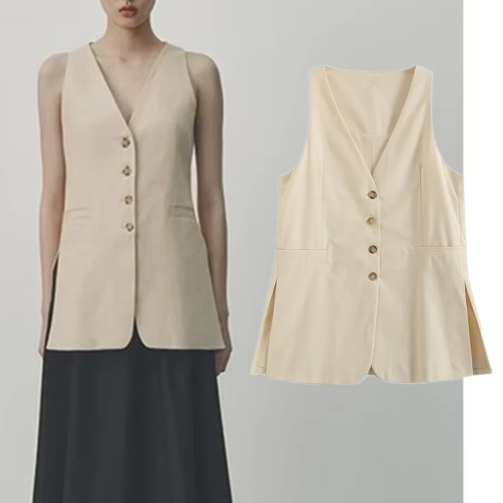 Elmsk French Simple Ladies Single  Vest Fashion Beige Breasted Color Sleeveless Blazers Women Tops