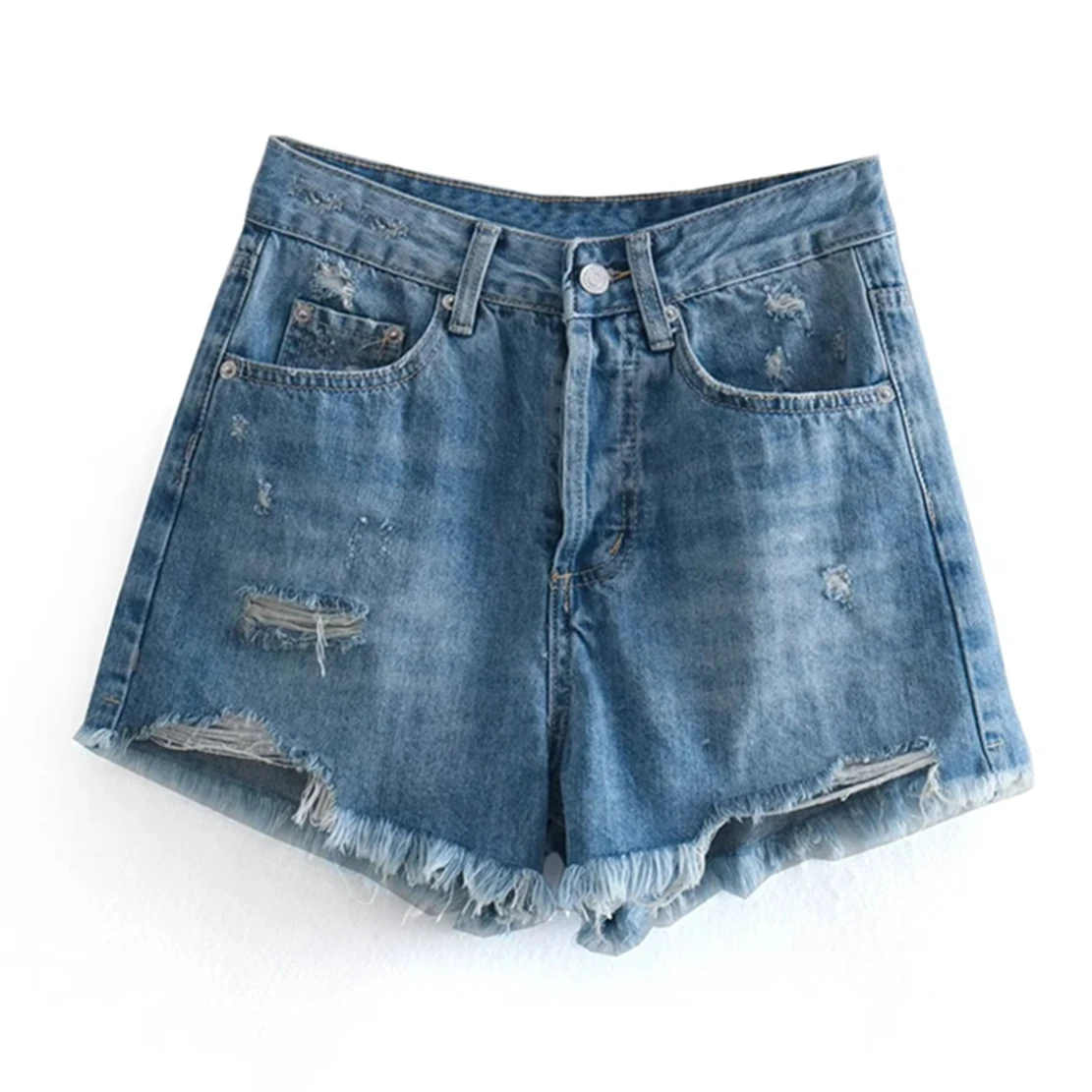 

Dave&Di Ripped Loose Bermuda Mom Shorts Women Fashion Simple Denim Blue Shorts