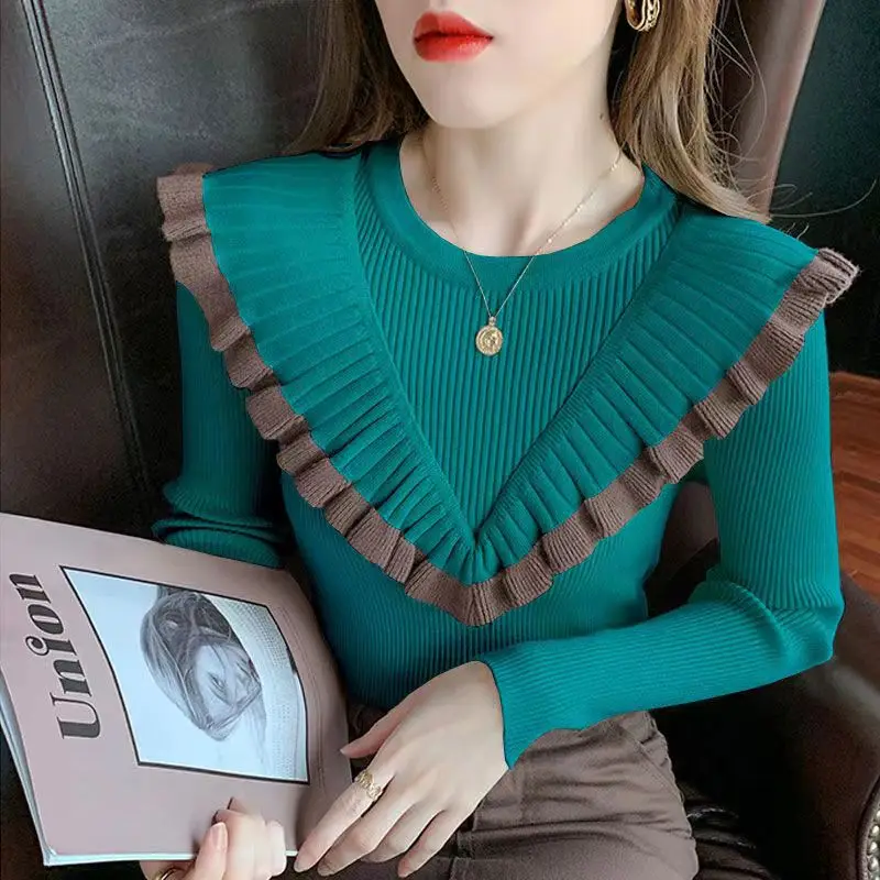 

Женский осенне-зимний облегающий пуловер с длинным рукавом и оборками