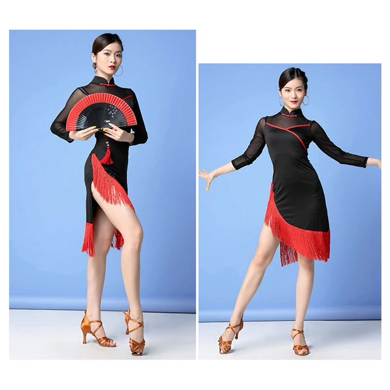 Женское платье для латинских танцев газовое Cheongsam с кисточками бальных ча-ча