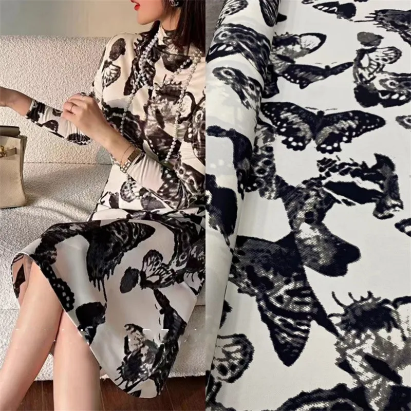 

The New H Family Graffiti Style White Double Butterfly Flower Silk Stretch Heavy Crepe Fabric Haute Couture Dress Shirt Sewing
