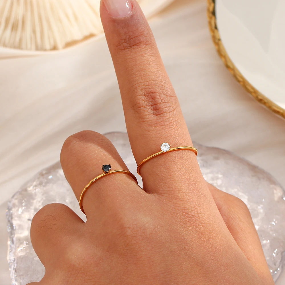 

2022 4mm Adjustable Thin Transparent Black AAA Natural Zircon Rings for Women Elegant 18K Gold Plated Wedding Jewelry Anillos