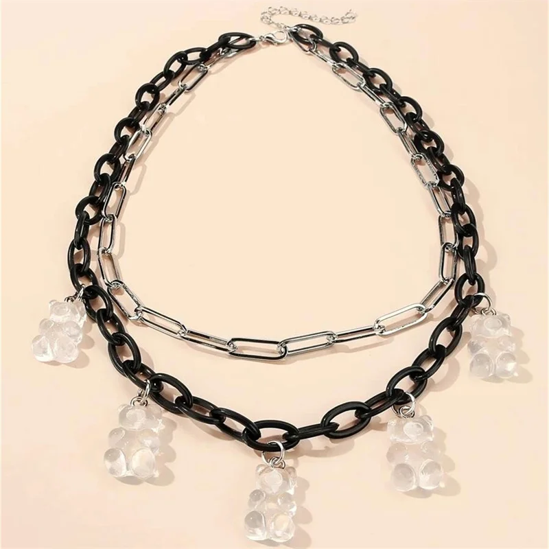 

Transparent Bear Pendant Double-Layer Plastic Chain With Alloy Chain Necklace Female Clavicle Chain collares para mujer collar