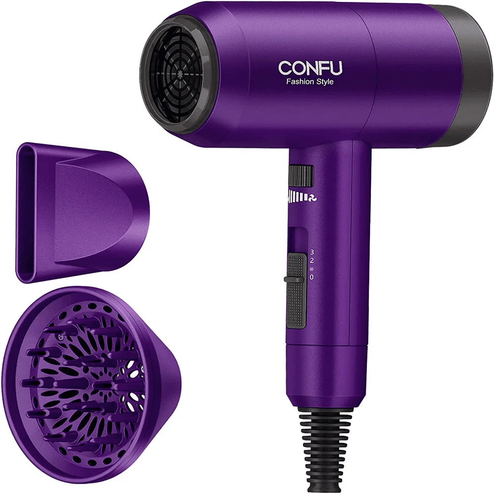 

Ионный фен для волос CONFU, портативный легкий фен, 3 режима нагрева и скорость бесконечности с рассеивателем и концентратором