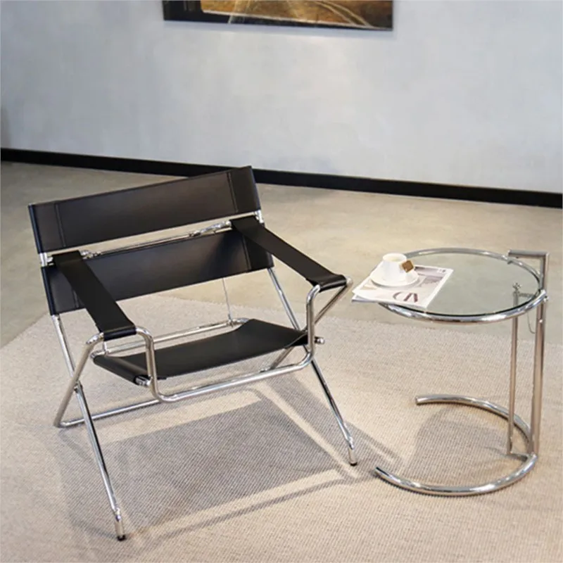 

Kitchen Dining Chair Antique Designer White Stainless Steel Saddle Leather Folding Leisure Relax Armchair Home Furniture HY