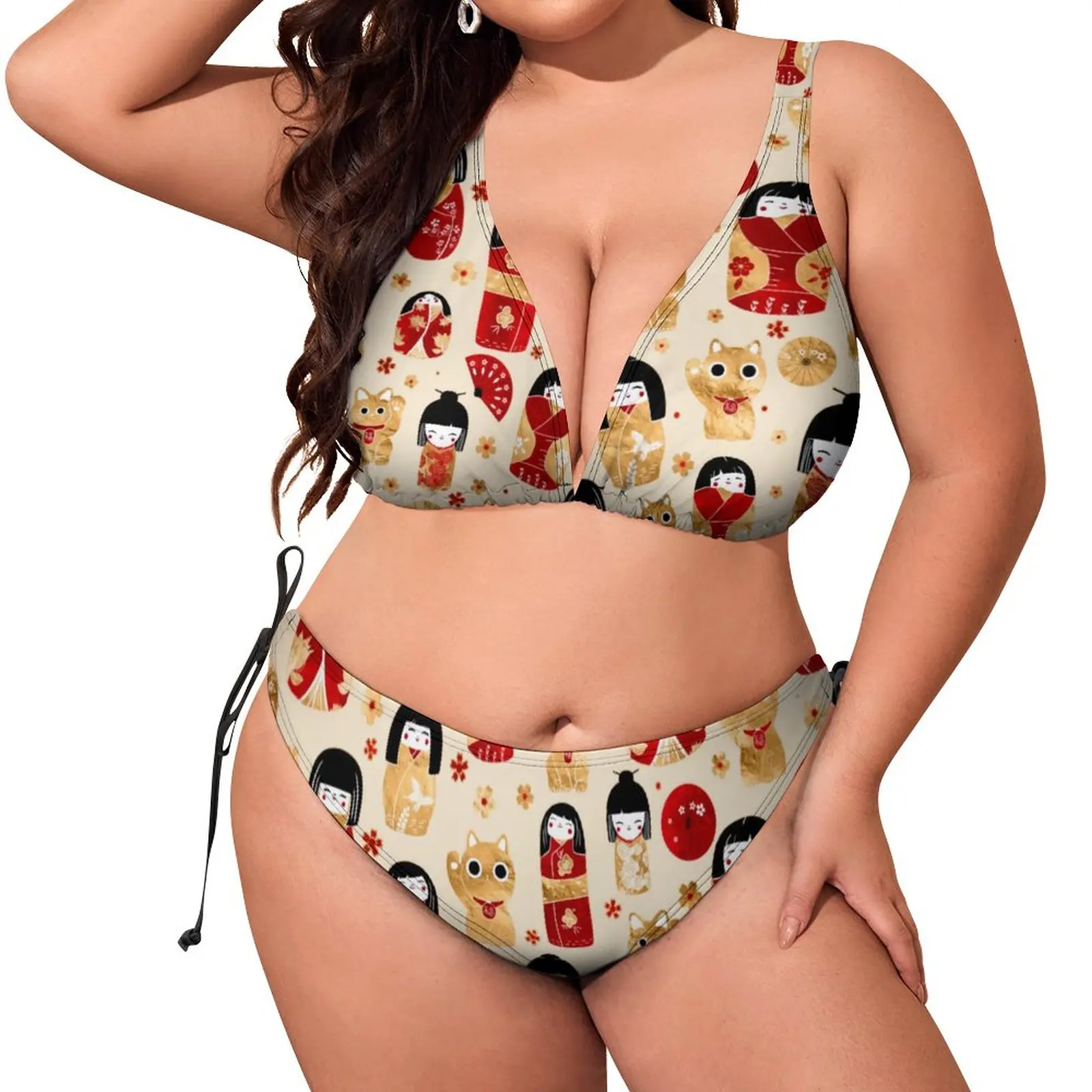 

Japanese Anime Bikini Swimsuit Sexy Kokeshi and Maneki Neko Cats Swimwear Fashion Bikini Set Push Up Feminine Bikinis Beach Wear