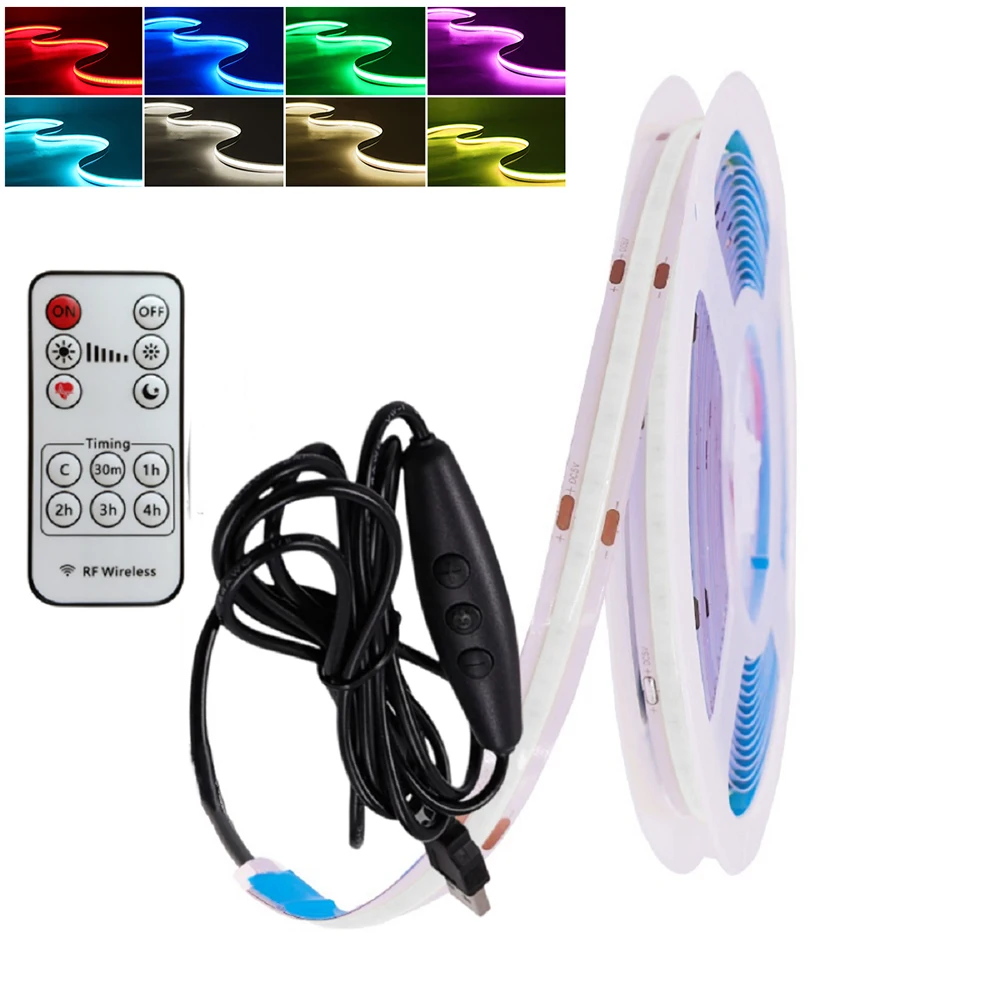 

5V USB Powered COB LED Strip With Dimmer Dimmable RA 90 Warm White Red Blue Green 1m 2m 5m Flexible FCOB LED Tape TV Light Bar