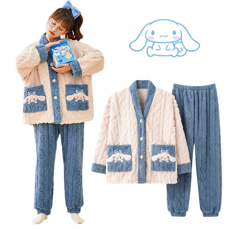

Новинка кавайная Пижама Sanrioed Cinnamoroll Женская осенне-зимняя Новинка фланелевый кардиган с длинными рукавами костюм для домашнего сервиса уте...