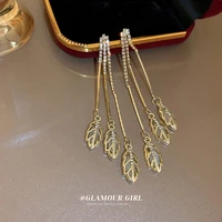 new leaf rhinestone tassel earrings for women creative metal simple drop earrings tassel design female fashion jewelry