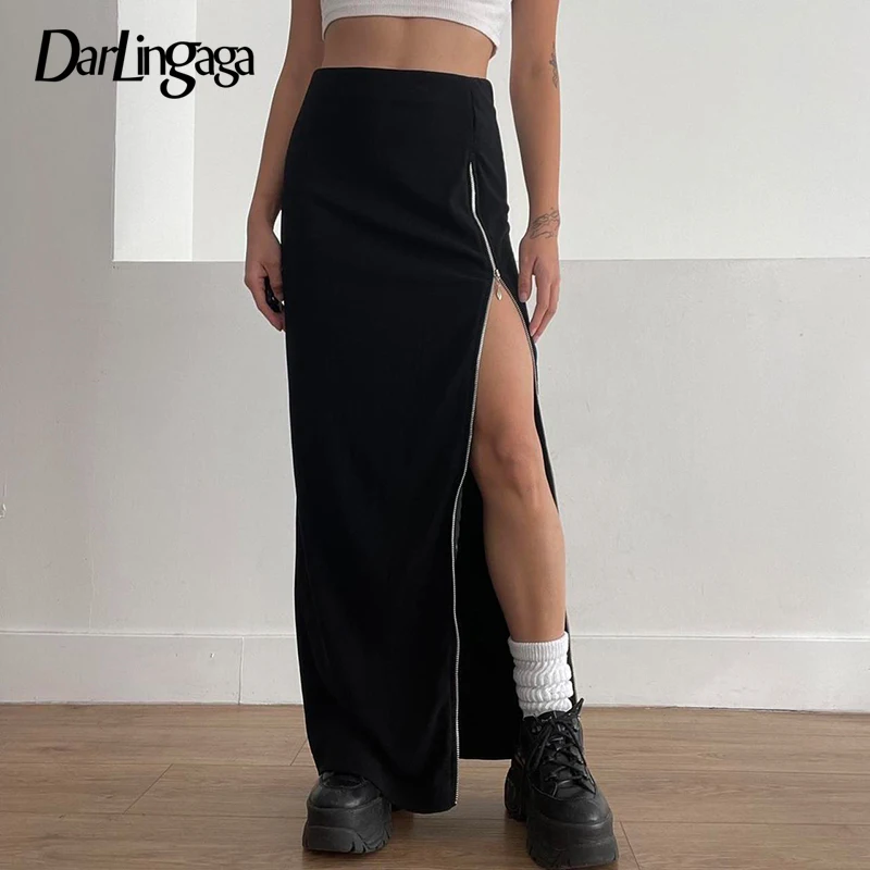 

Darlingaga Casual Black Basic Zipper High Waisted Long Skirt Gothic Side Slit Korean Clothes Streetwear Female Skirts Pencil Y2K