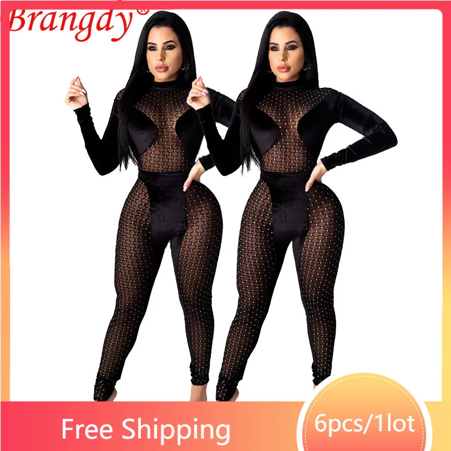 

Комбинезон женский прозрачный сетчатый составного кроя с блестками, 6 шт.