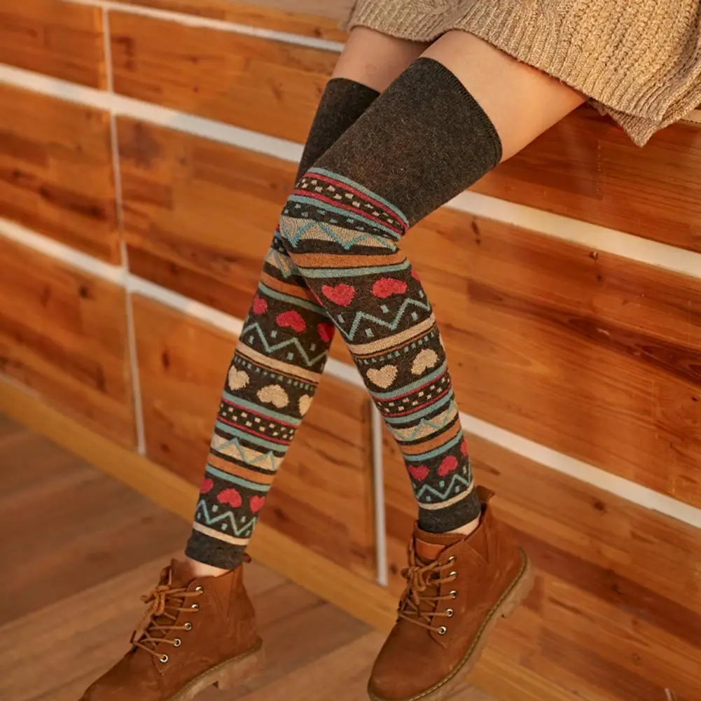 

1 Pair Women Socks Unique Pattern Breathable Acrylic Fiber Lady Thigh High Socks Leg Warmer Stockings for Autumn