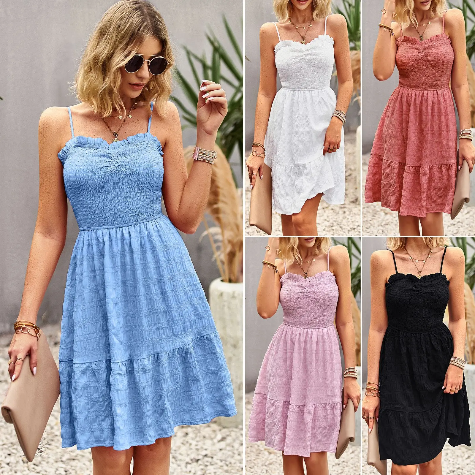 

Women Dresses Summer Fashion Sexy Camisole Fold Elastic Waist Pure Color Ruffles Elegant Temperament Casual Short Dresss