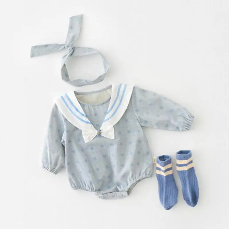 

Infant Girls Cute Bow Sailor Collar 2022 Fashion Plaid Print Pattern Casual Long Sleeve Jumpsuit One-piece Bodysuit+Bow Headband