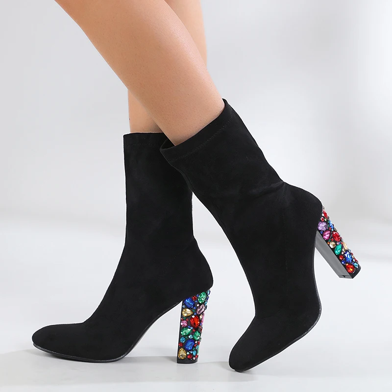 Autumn Winter Pointed Thick Heel Sequins Women's Boots Solid Color Black Fashion Ankle Boots Short Tube Slip On Elastic Fabric
