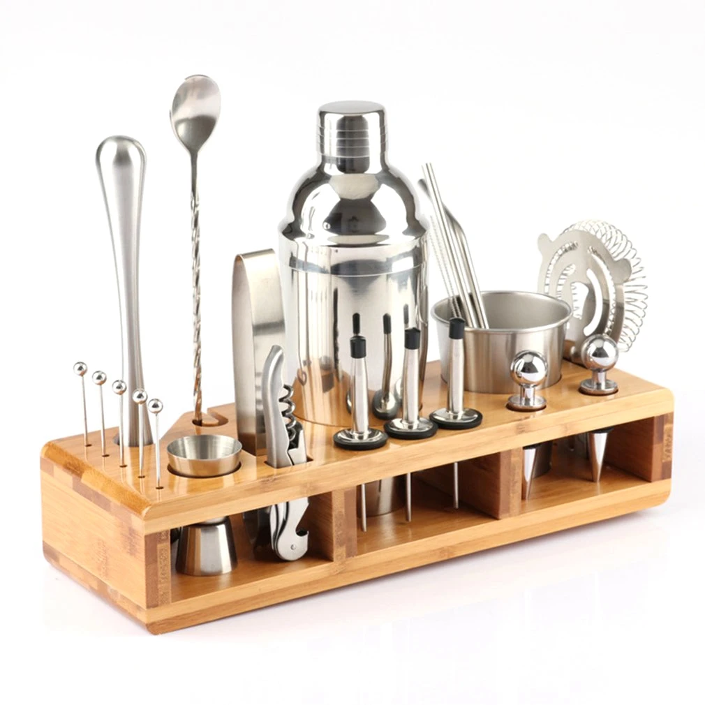

23Pcs Stainless Steel Cocktail Shaker Set Barware Kit with Square Rack for Bartender Drink Party Bar Tools