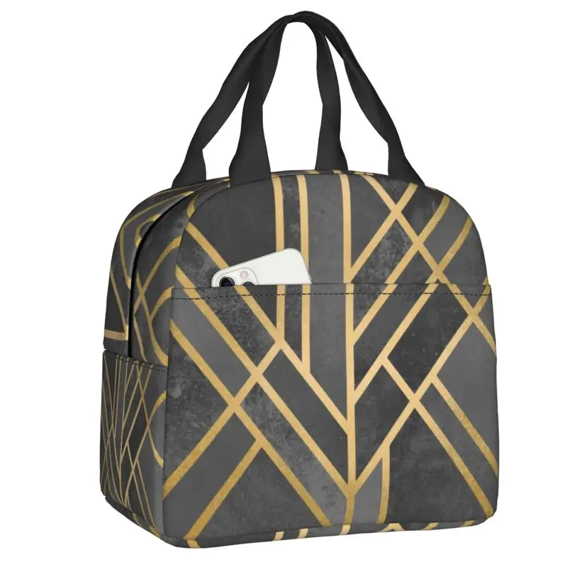 

Art Deco Geometry Portable Lunch Box Women Abstract Geometric Pattern Cooler Thermal Food Insulated Lunch Bag School Children