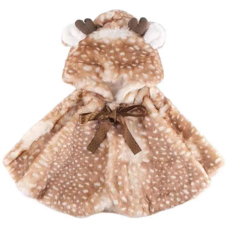 Children Christmas Cape Clothing Baby Girls Faux Fur Hoodied Shawl Kids Cartoon Deer Winter Coats and Outerwear to 10 Years Old
