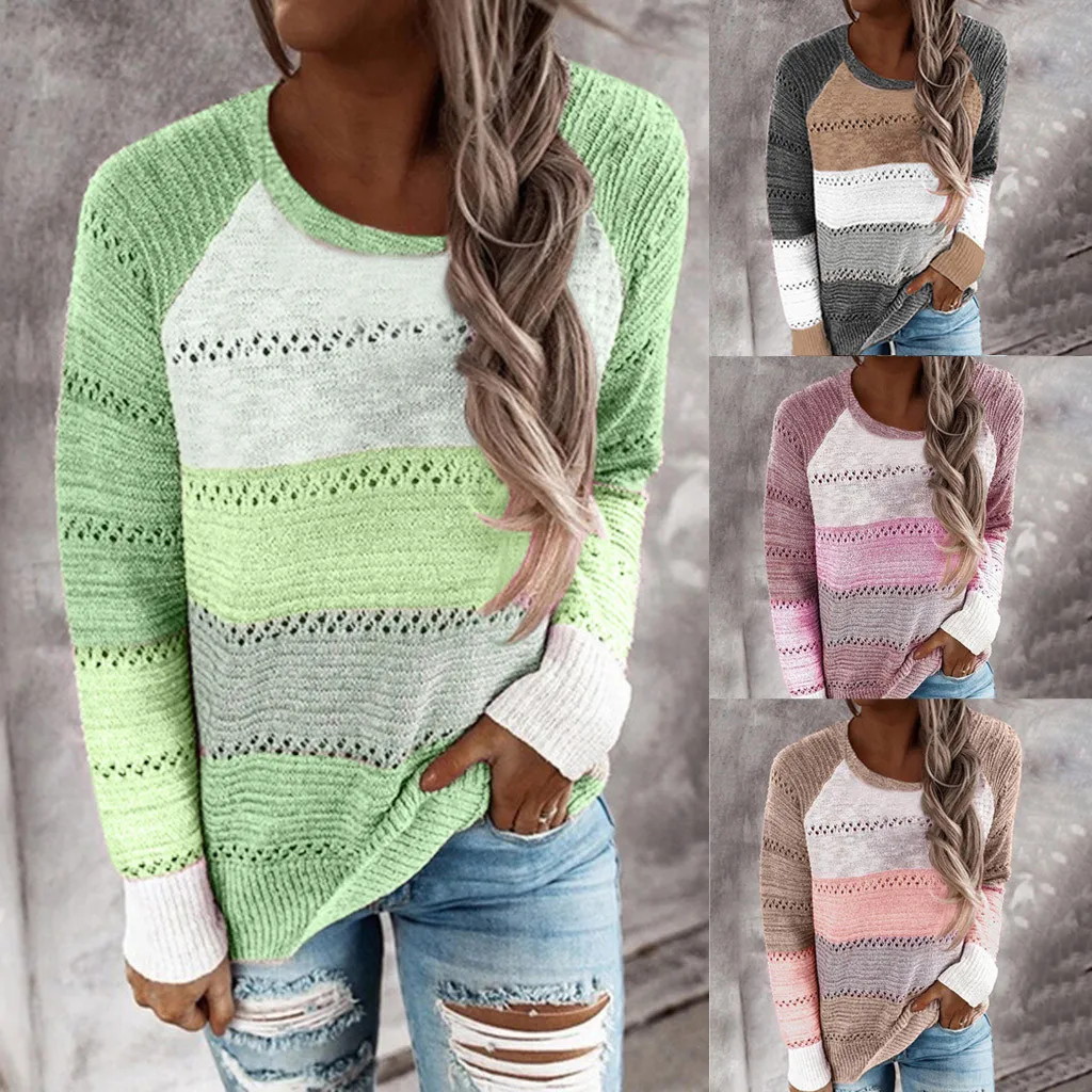 

Женский трикотажный свитер с капюшоном, повседневный Полосатый пуловер с длинным рукавом и V-образным вырезом, кофта в стиле пэчворк на осен...