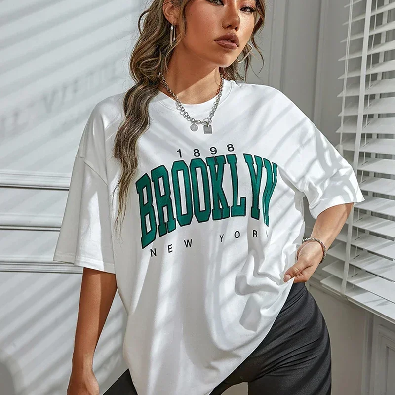 Fashion Women T-shirt Vintage 1898 Brooklyn York Letter Print T Shirt Female Harajuku Summer Short Sleeve Clothes Y2k Tops Tees